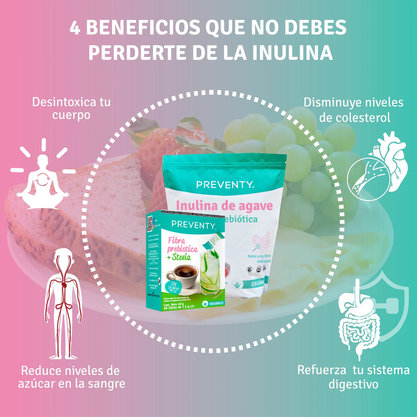 PREVENTY, Inulina de Agave , Orgánica , Sabor neutro, Para toda la familia, 1 kg (2 piezas)