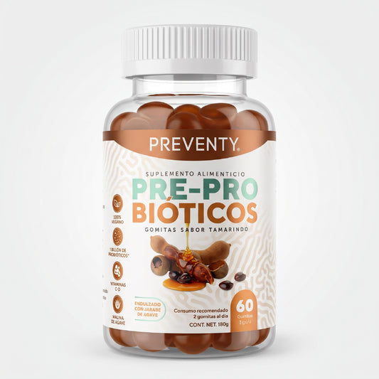 PREVENTY, Gomitas, Prebiótico, Inulina de agave, Probióticos, Suplemento alimenticio. Para adultos, Sabor tamarindo, 180 gr