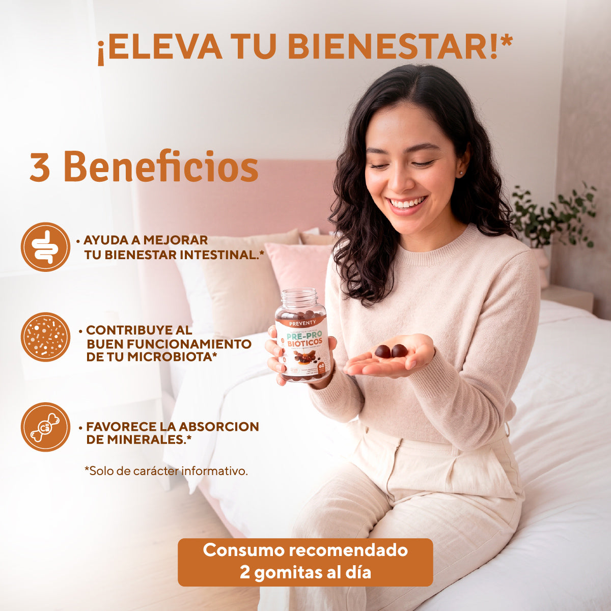 PREVENTY, Gomitas, Prebiótico, Inulina de agave, Probióticos, Suplemento alimenticio. Para adultos, Sabor tamarindo, 180 gr