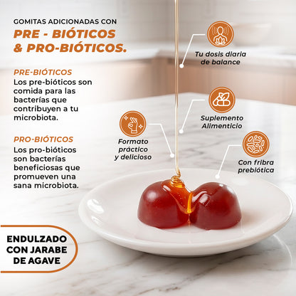PREVENTY, Gomitas, Prebiótico, Inulina de agave, Probióticos, Suplemento alimenticio. Para adultos, Sabor tamarindo, 180 gr