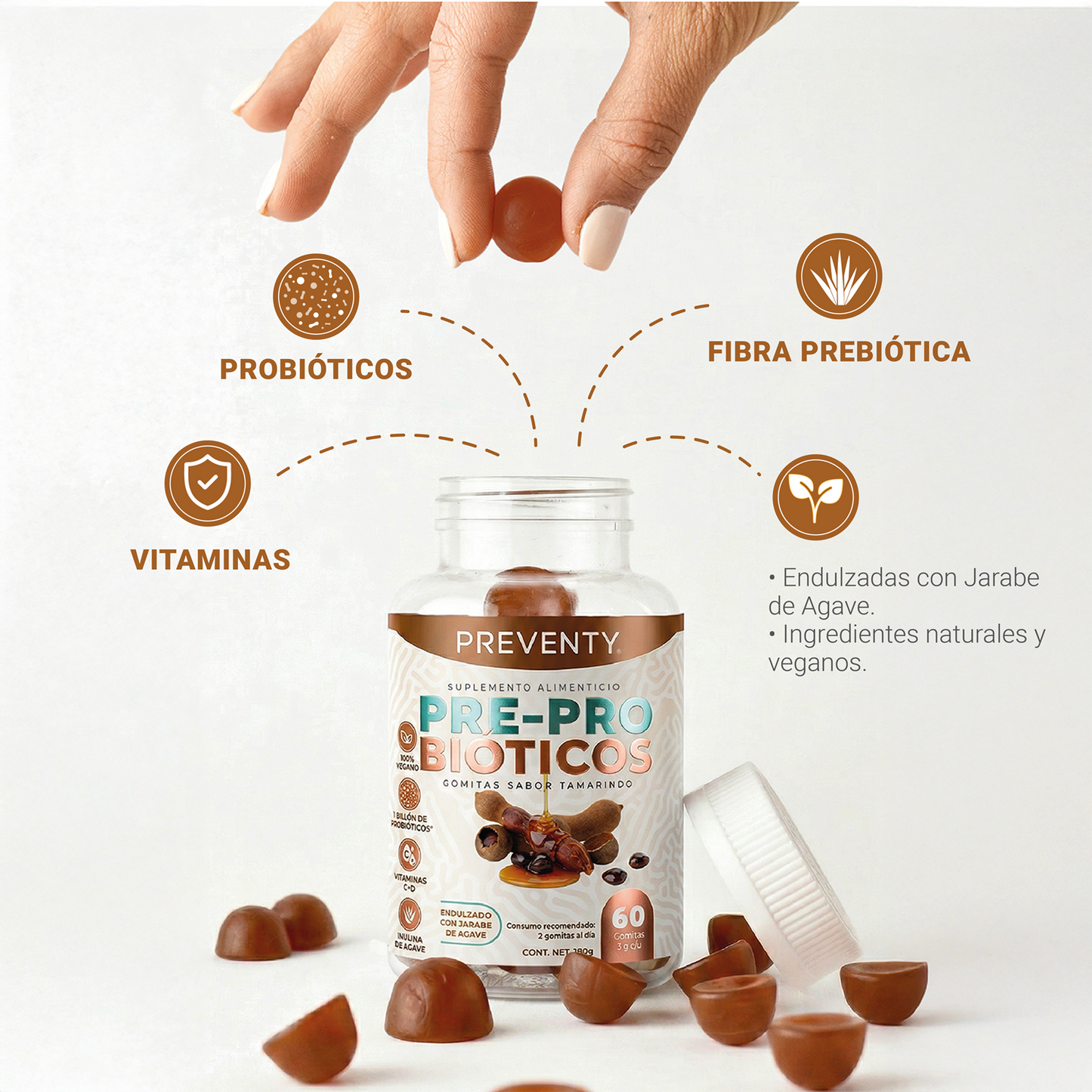 PREVENTY, Gomitas, Prebiótico, Inulina de agave, Probióticos, Suplemento alimenticio. Para adultos, Sabor tamarindo, 180 gr