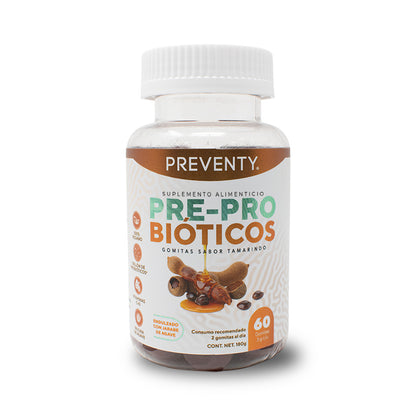 PREVENTY, Gomitas, Prebiótico, Inulina de agave, Probióticos, Suplemento alimenticio. Para adultos, Sabor tamarindo, 180 gr