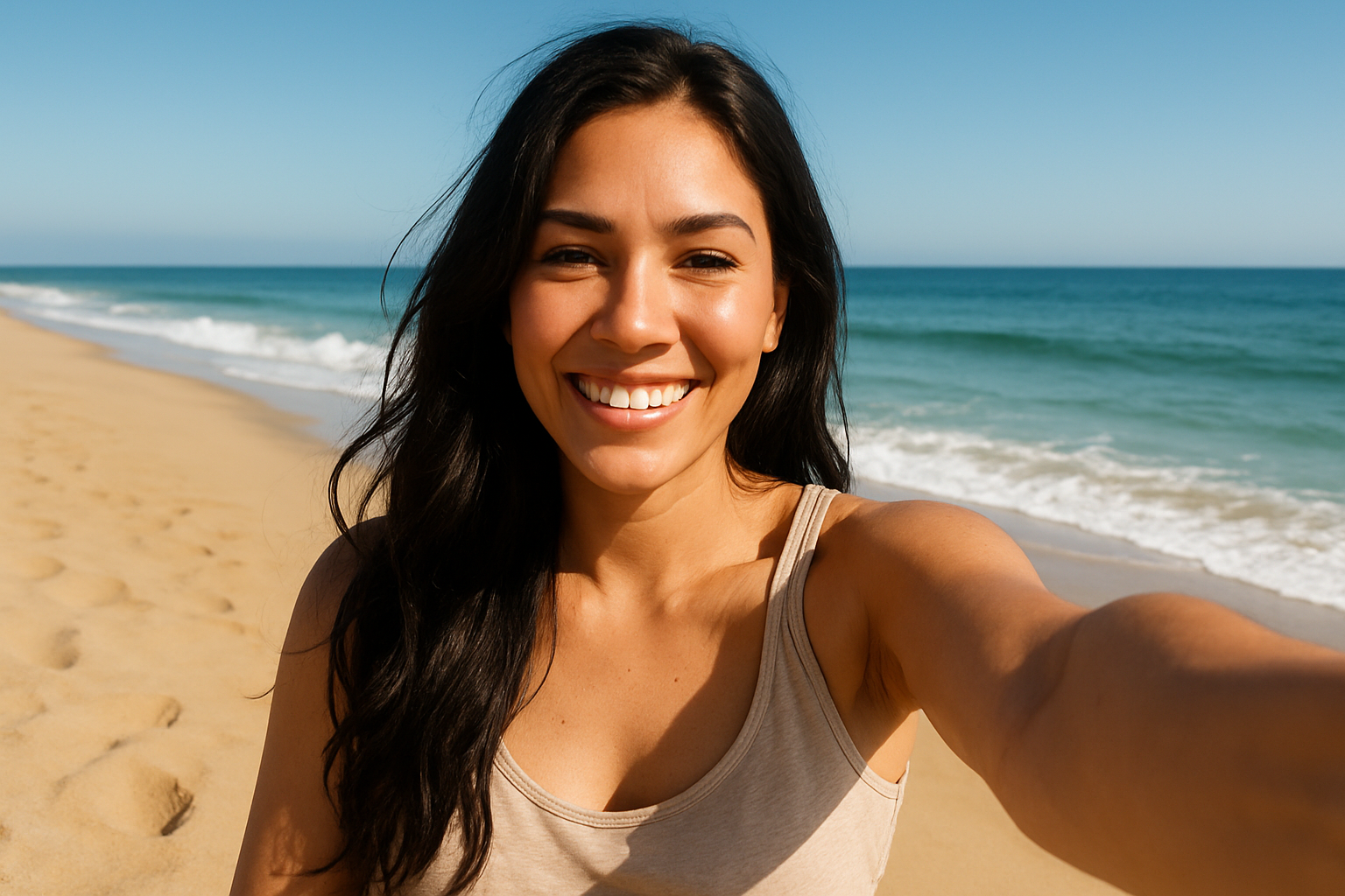 mujer pelo negro, foto estilo selfie en la playa